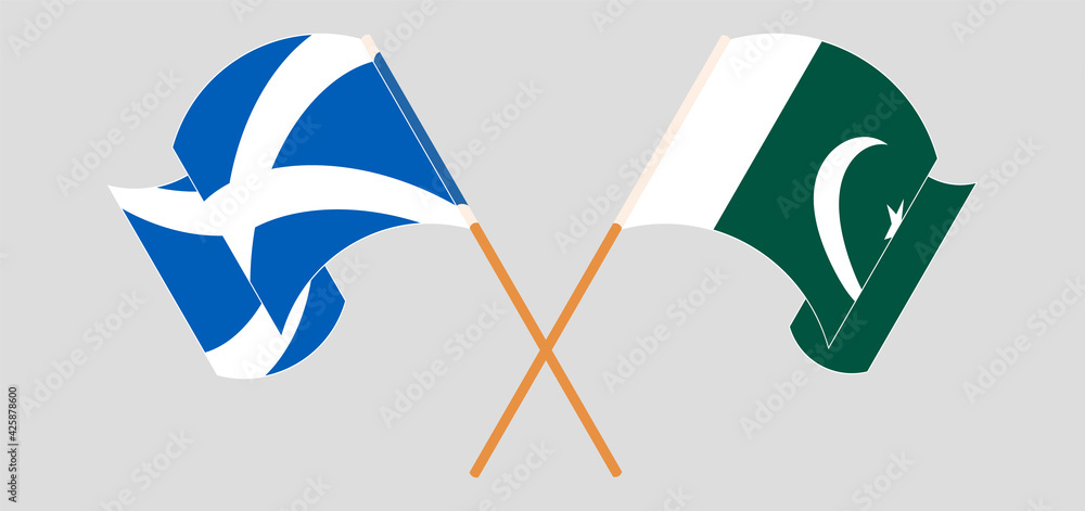 Crossed and waving flags of Scotland and Pakistan Crossed and waving flags of Scotland and Pakistan