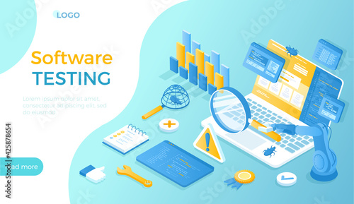 Software Testing.  Computer code analysis.  Process evaluation software application or website. Identification and removal of defects, bugs, errors. Isometric vector illustration for website.