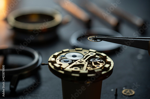 Mechanical watch repair process. Open pocket wristwatch. vel