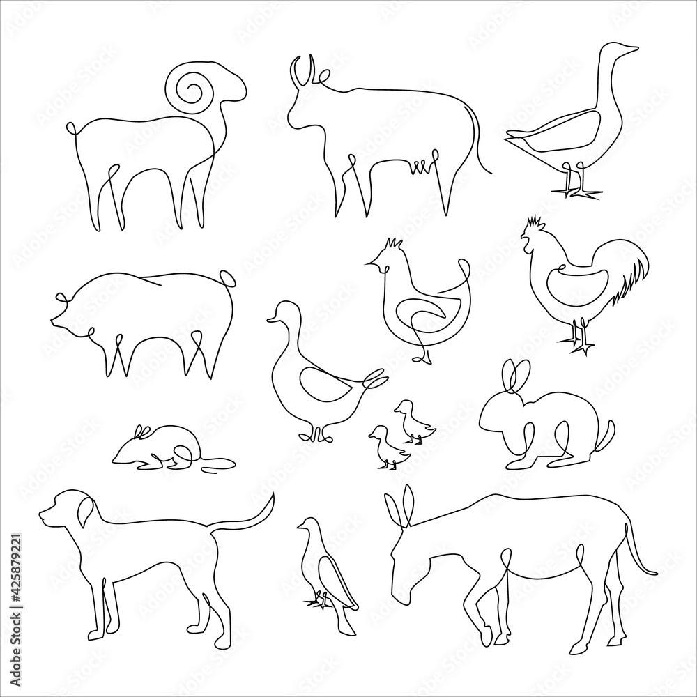 Minimalistic One Line Animals Set. Farm animals one line hand drawing continuous, Vector Illustration. Single line drawing of cow, chicken, duck, goose, pig, ram, donkey, rabbit, birds, rat, mouse, co Minimalistic One Line Animals Set. Farm animals one line hand drawing continuous, Vector Illustration. Single line drawing of cow, chicken, duck, goose, pig, ram, donkey, rabbit, birds, rat, mouse, co