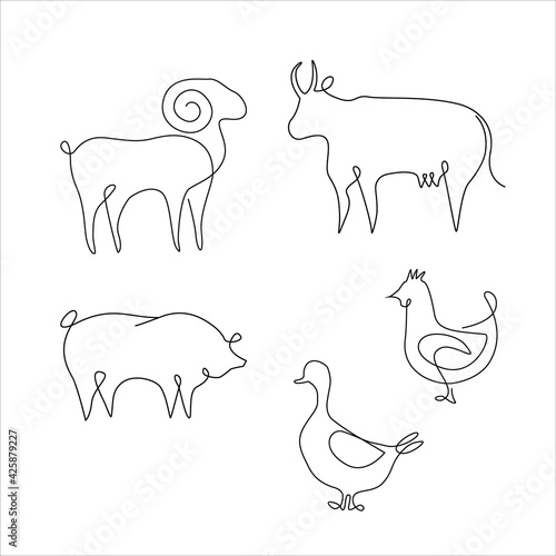 Minimalistic One Line Animals Set. Line drawing tattoo. Farm animals one line hand drawing continuous  Vector Illustration. Free single line drawing of farm animals  cow  chicken  duck  goose  pig  ra