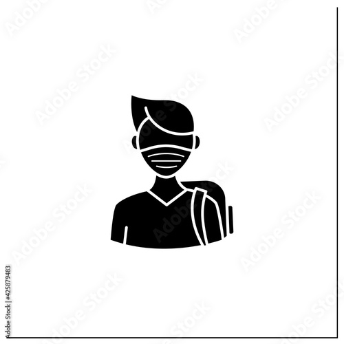 Freshman glyph icon. First-year student. Young man ready for studying. Professional development. Graduation concept.Filled flat sign. Isolated silhouette vector illustration