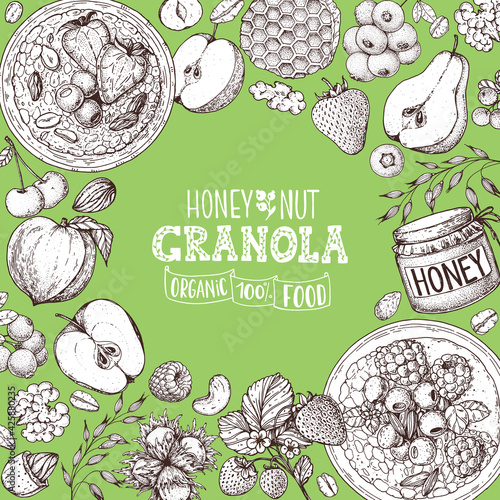 Granola ingredients illustration. Oat flakes , berries, fruits and nuts hand drawn sketch. Breakfast top view frame. Morning food menu design. Hand drawn vector illustration.