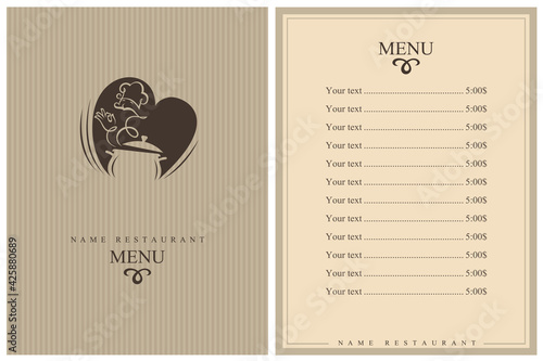 restaurant menu design with heart and cooking process on pan