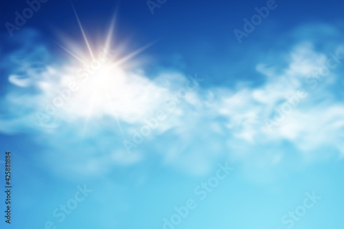 Realistic sky template with transparent cloud and sun. Blue background. Light effect. Realistic vector illustration.