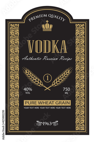 black vodka label with royal crown and ears of wheat in retro style