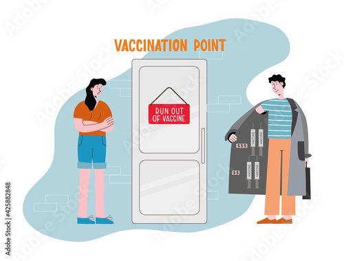 Run out of vaccine. Smuggling, contraband offers fake vaccine. Concept vector illustration about contraband injection, vaccine