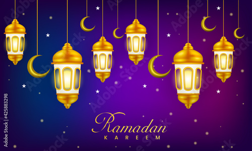 ramadan kareem text greeting with golden moon and lantern background