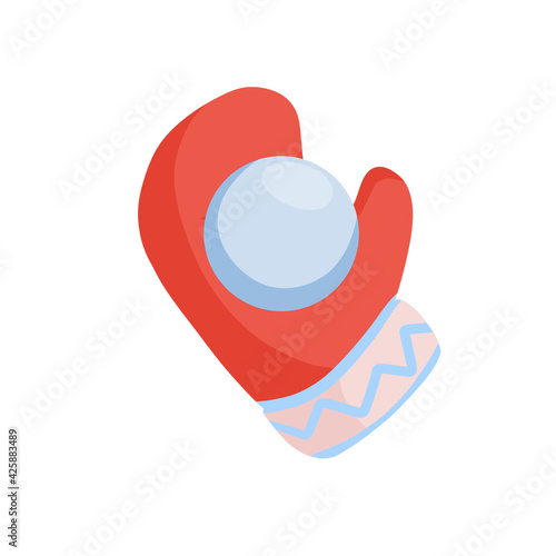 Mitten. Winter red glove and snow. Children Clothing for cold weather. Snowball fight. Rest and activity of kid. Flat cartoon illustration