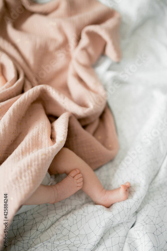 feet of a newborn baby, covered with a pink blanket