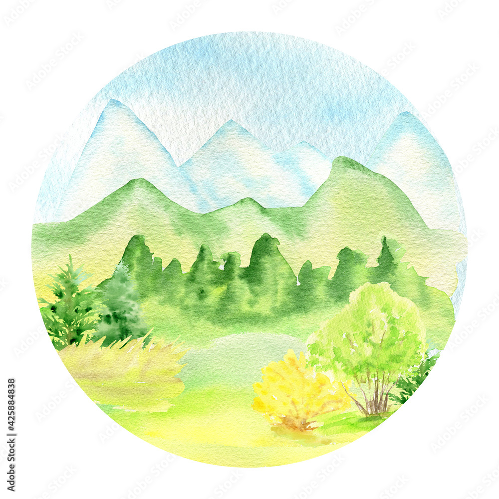 Watercolor Spring landscape, mountains, hills, trees and yellow forsythia bush, Green nature forest landscape, scenery illustration isolated on white background