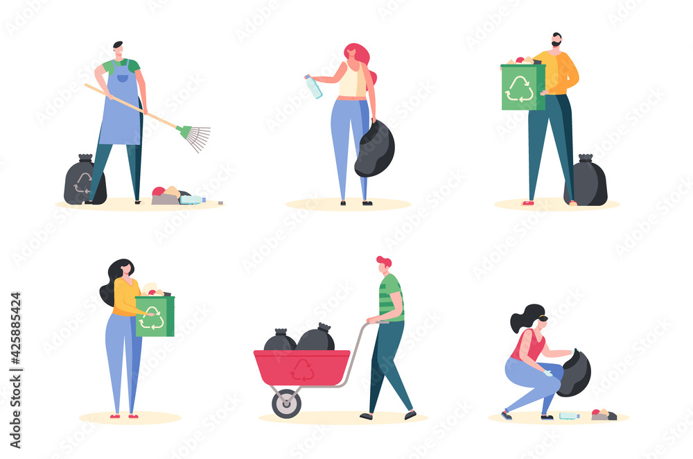 Young people cleaning garbage in bag at the beach. Set with volunteers collecting trash. Concept of clean up, ecology protection, save planet. Vector illustration in cartoon flat design
