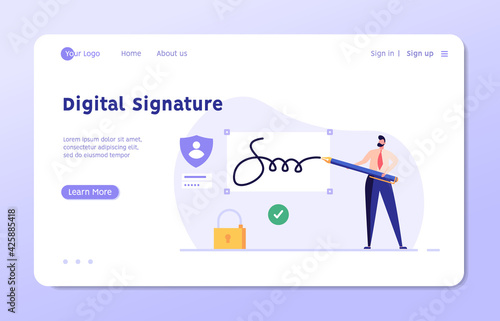 Businessman signing contract with digital pen on phone. Digital signature, business contract, electronic contract, e-signature concept. Vector illustration in flat design for web banner, mobile app
