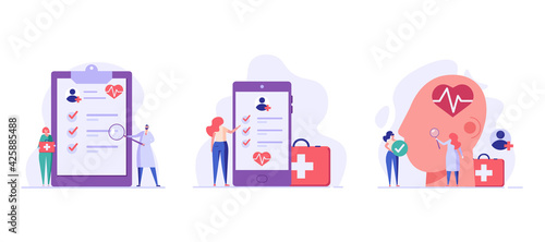 Health Check Up Concept Web Banner. Medical Doctor Examining or Checking Patient. Concept of Healthcare, Health Insurance, Medical Report. Vector illustration for Web Design