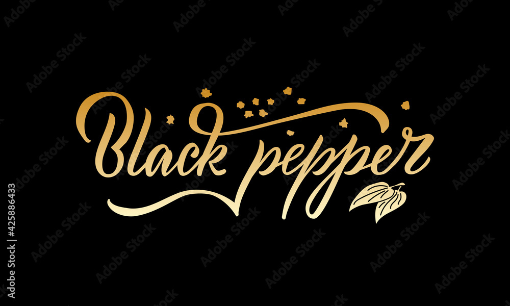 Vector illustration of black pepper lettering for packages, product design, banners, stickers, spice shop price list and decoration. Handwritten phrase with floral graphic elements for web or print
