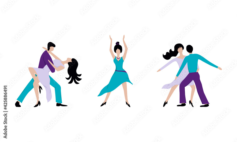 Vector illustration of isolated silhouettes of dancing people for banner, poster, invitation, logo, advertisement design or print. Flat drawings of two couples and one woman during the dance
