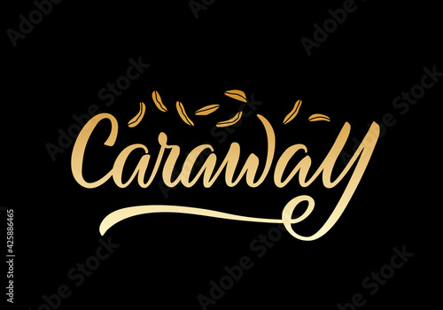 Vector illustration of caraway lettering for packages  product design  banners  stickers  spice shop price list and decoration. Handwritten isolated word with seeds for web or print 