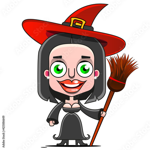 A cartoon witch flying on a broomstick.
