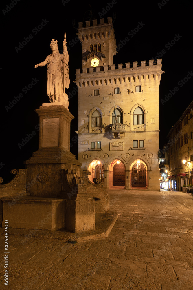 Town hall square and statue of liberty in the historic center of San Marino late in the evening in summertime