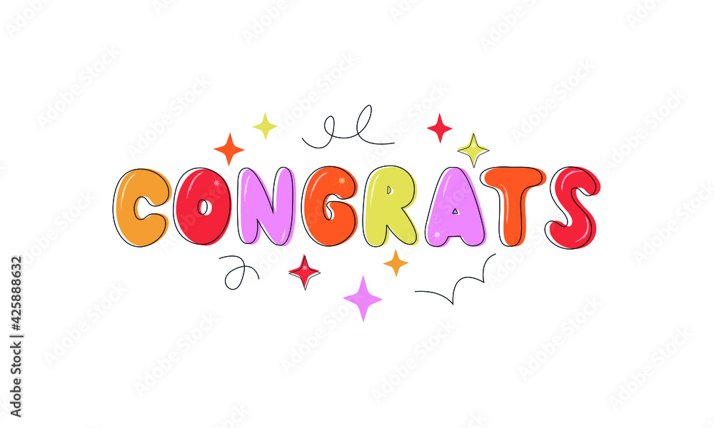 Congrats handwritten text. Modern flat style, hand lettering isolated on white background. Funny drawing greeting phrase. Vector colorful promotion illustration for banner, relaunch cards, invitation Congrats handwritten text. Modern flat style, hand lettering isolated on white background. Funny drawing greeting phrase. Vector colorful promotion illustration for banner, relaunch cards, invitation