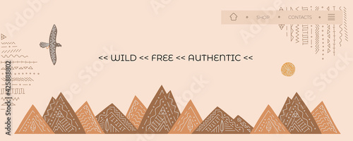Wild West banner, home page for website with vector eagle, mountains. Ethnic style, boho ornament.