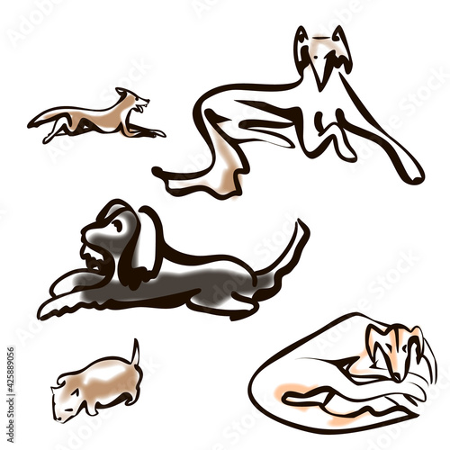 Cute yawning sleepy dog set. Collection of purebread dog of various breed sitting or lying. Funny domestic pet want to sleep. Group of animal. Isolated vector illustration in ink style photo