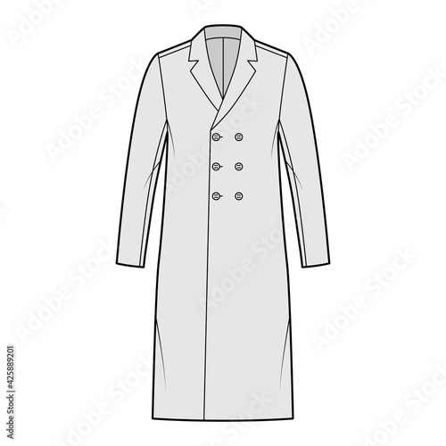 Classic coat technical fashion illustration with knee length, notched shawl collar, oversized body, double breasted. Flat jacket template front, grey color style. Women, men, unisex top CAD mockup © Vectoressa