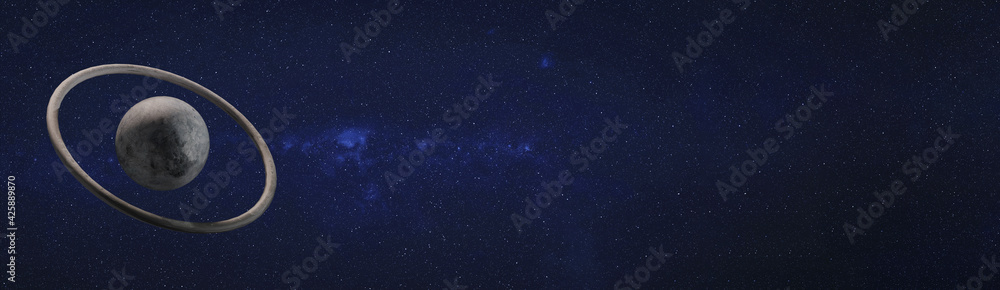 Fototapeta premium Fantastic grey rock planet with rock torus ring around. Ultra wide 3D rendered illustration. Elements of this image furnished by NASA.