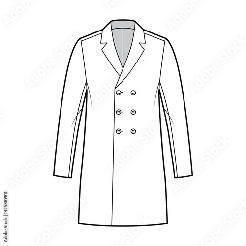 Classic coat technical fashion illustration with thigh length, long sleeves, notched shawl collar, oversized body, double breasted. Flat jacket template front, white color. Women, men, unisex top CAD