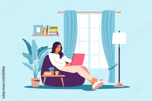 Woman sitting with laptop on bean bag chair. Concept illustration for working, studying, education, work from home. Flat. Vector illustration.