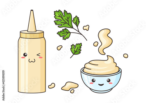 Mayonnaise kawaii, vector funny character bottle and bowl. Sauce pack in plastic container. Spots mayo and parsley leaves plant. Food illustration