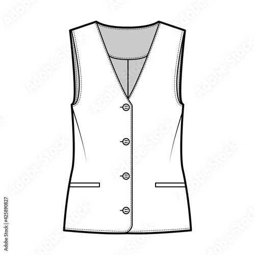 Button front vest waistcoat technical fashion illustration with sleeveless, welt besom pockets, fitted body. Flat apparel template front, white color style. Women, men, unisex top CAD mockup