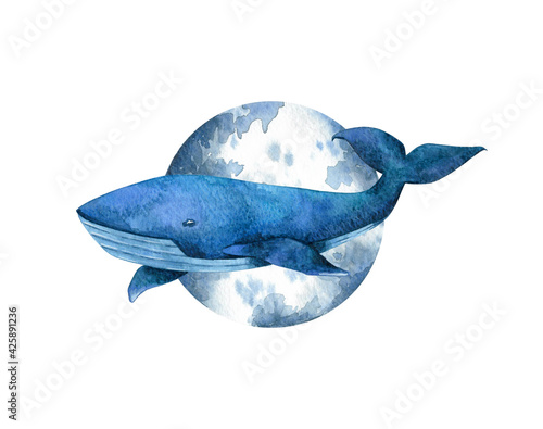 Blue whale in front of Moon composition on white background. Watercolor illustration for card, sticker, poster, design and decoration.