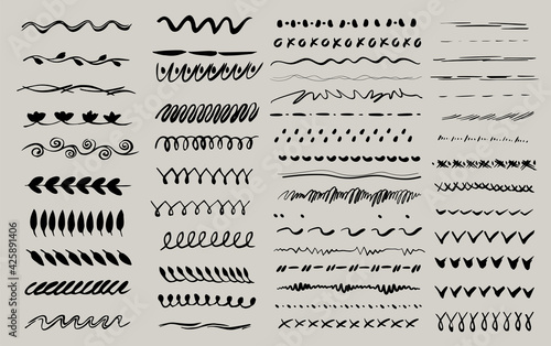 Collection of hand drawn brushes, ornament. Set of wavy horizontal lines. Marker hand-drawn line border set and scribble design elements. 
