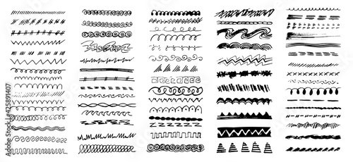 Hand drawn border line set, design element, beautiful decoration. Dividers, borders, borders, brush lines. Trendy doodle style design elements. Abstract geometric ornaments. Vector illustration