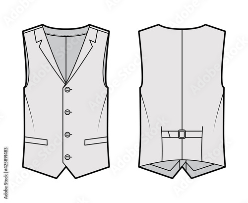 Lapelled vest waistcoat technical fashion illustration with sleeveless, notched shawl collar, button-up closure, pockets. Flat template front, back, grey color style. Women, men, unisex top CAD mockup