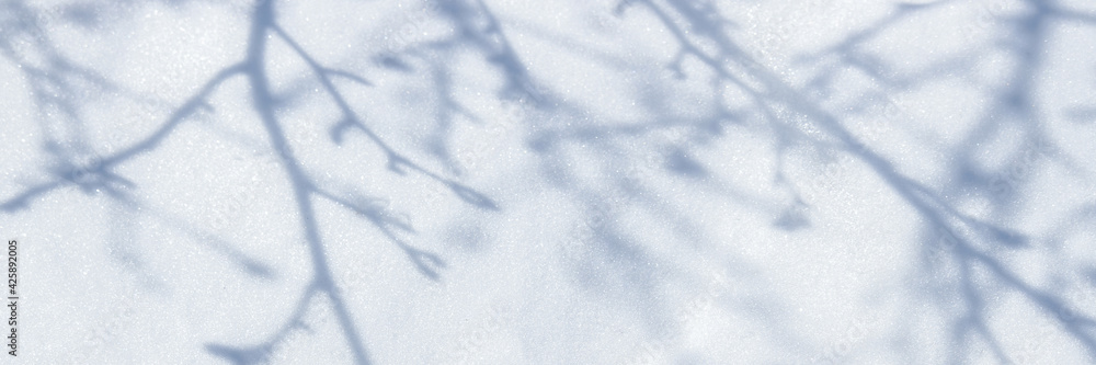 Shadows in the snow. Shadows from branches, bushes and trees on the snowy surface of the ground. Beautiful winter panoramic background.