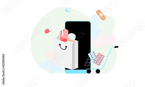 Landing page of Online pharmacy, healthcare, drugstore and e-commerce app concept. Vector of prescription drugs, first aid kit and medical supplies being sold online via web or smartphone application.