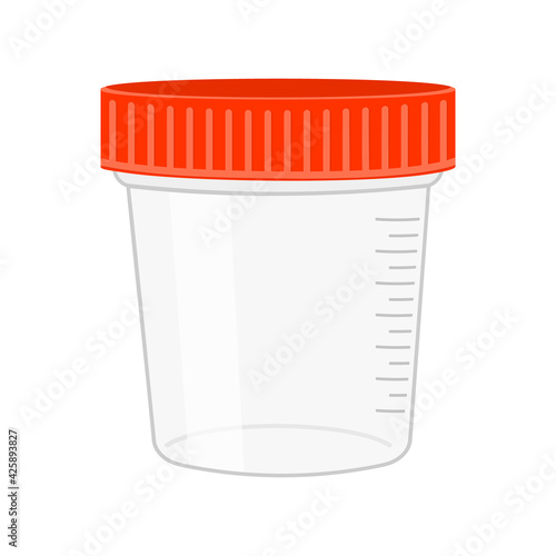 Plastic urine test container. Sterile specimen cup for urinalysis isolated on white background. Vector flat illustration.