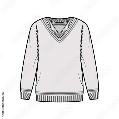 Cricket Sweater technical fashion illustration with stripes, rib V-neck, long sleeves, oversized, hip length, knit cuff trim. Flat apparel front, grey color style. Women, men unisex CAD mockup