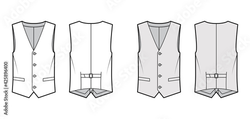 Lapelled vest waistcoat technical fashion illustration with sleeveless, notched shawl collar, button-up closure, pockets. Flat template front, back, white, grey color style. Women, men top CAD mockup