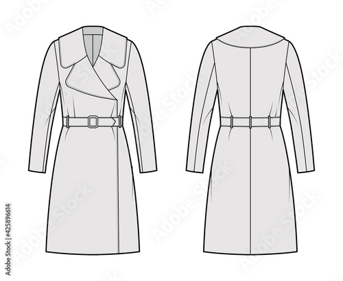 Belted coat technical fashion illustration with long sleeves, huge notched collar, oversized body, knee length. Flat jacket template front, back, grey color style. Women, men, unisex top CAD mockup