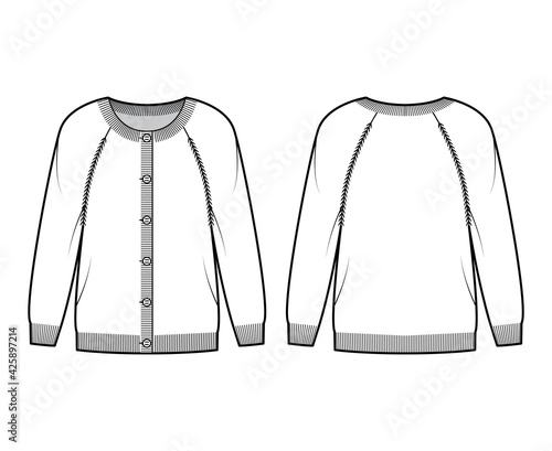 Round neck cardigan technical fashion illustration with button closure, long raglan sleeves, oversized, hip length. Flat Sweater apparel front, back, white color style. Women, men unisex CAD mockup