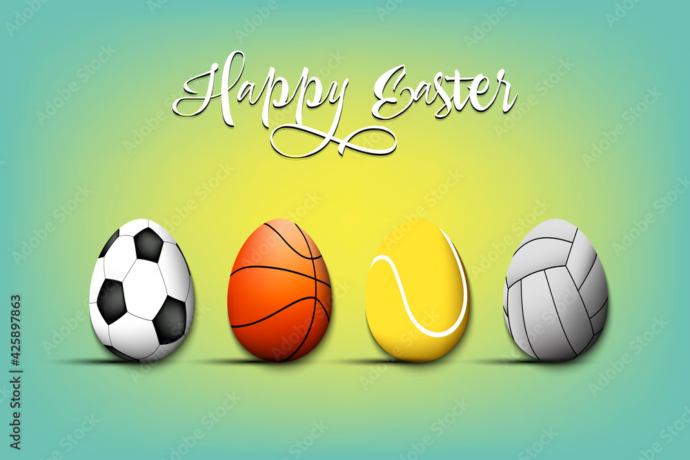 Happy Easter. Eggs in the form of a soccer, basketball, tennis, volleyball ball on an isolated background. Pattern for greeting card, banner, poster, flyer, ad, invitation. Vector illustration