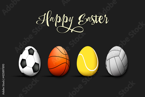 Happy Easter. Eggs in the form of a soccer  basketball  tennis  volleyball ball on an isolated background. Pattern for greeting card  banner  poster  flyer  ad  invitation. Vector illustration