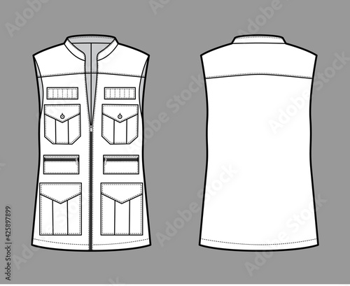 Safari vest waistcoat technical fashion illustration with sleeveless, stand collar, zip-up closure, pockets, oversized body. Flat template front, back, white color style. Women, men, unisex CAD mockup