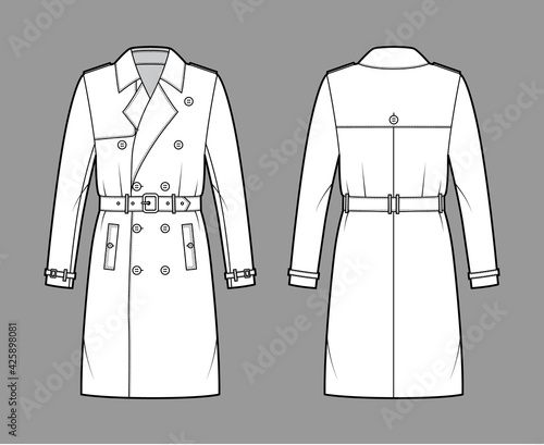Trench coat technical fashion illustration with belt, double breasted, long sleeves, knee length, storm flap. Flat jacket template front, back, white style. Women, men, unisex top CAD mockup