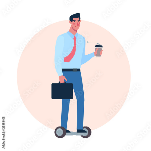 The man goes to work on the hoverboard. The guy with coffee rides on an environmentally friendly alternative transport. Vector in flat style