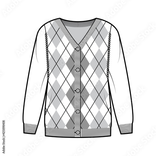 Argyle cardigan technical fashion illustration with rib V-neck, long sleeves, oversized, fingertip length, knit cuff trim. Flat sweater apparel front, white color style. Women, men unisex CAD mockup