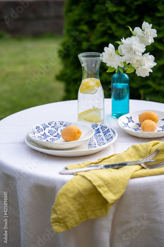 Linen-covered table in the garden. beautiful ceramic tableware. A vase of white flowers and a bottle of water. Romantic lifestyle. Country life